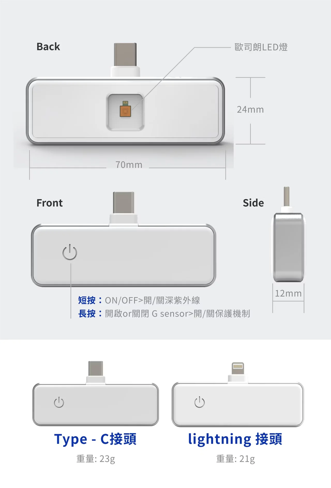 Back歐司朗LED燈Front70mm24mmSide短按ON/OFF開/關深紫外線長按:開啟or關閉 G sensor開/關保護機制12mmType-C接頭lightning 接頭重量:23g重量: 21g