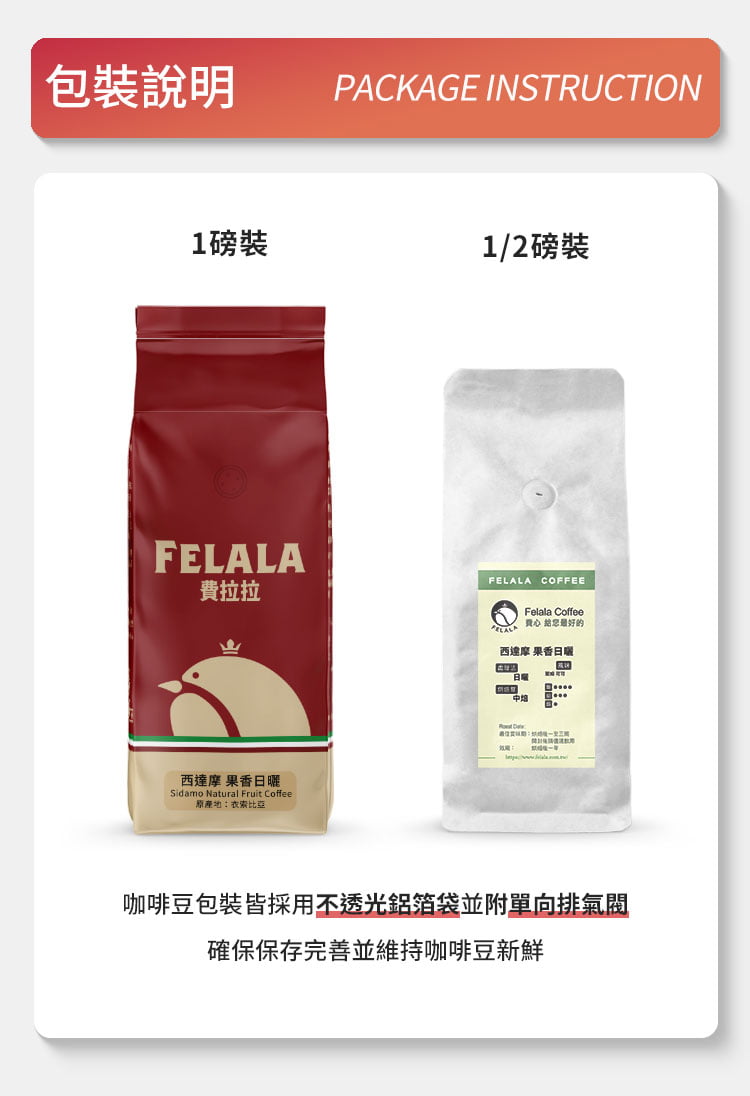 費拉拉-包裝說明-不透光鋁箔袋-單向排氣閥-確保咖啡豆新鮮